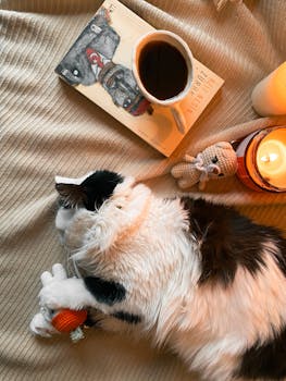 A calm scene featuring a cat sleeping with a book, a cup of coffee, and a lit candle.